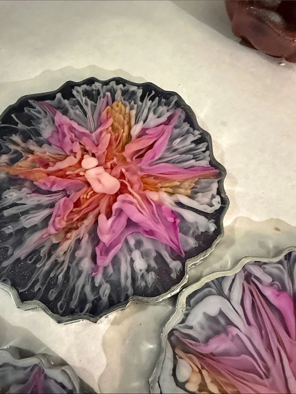 Hand-Poured Floral Resin Coasters - Pink & Gray